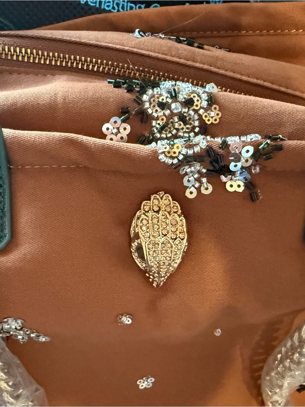 Kurt Geiger Hoxton Shopper Tote Brownwith Dark Green Trim and Gold Chain Handles - Picture 7 of 14